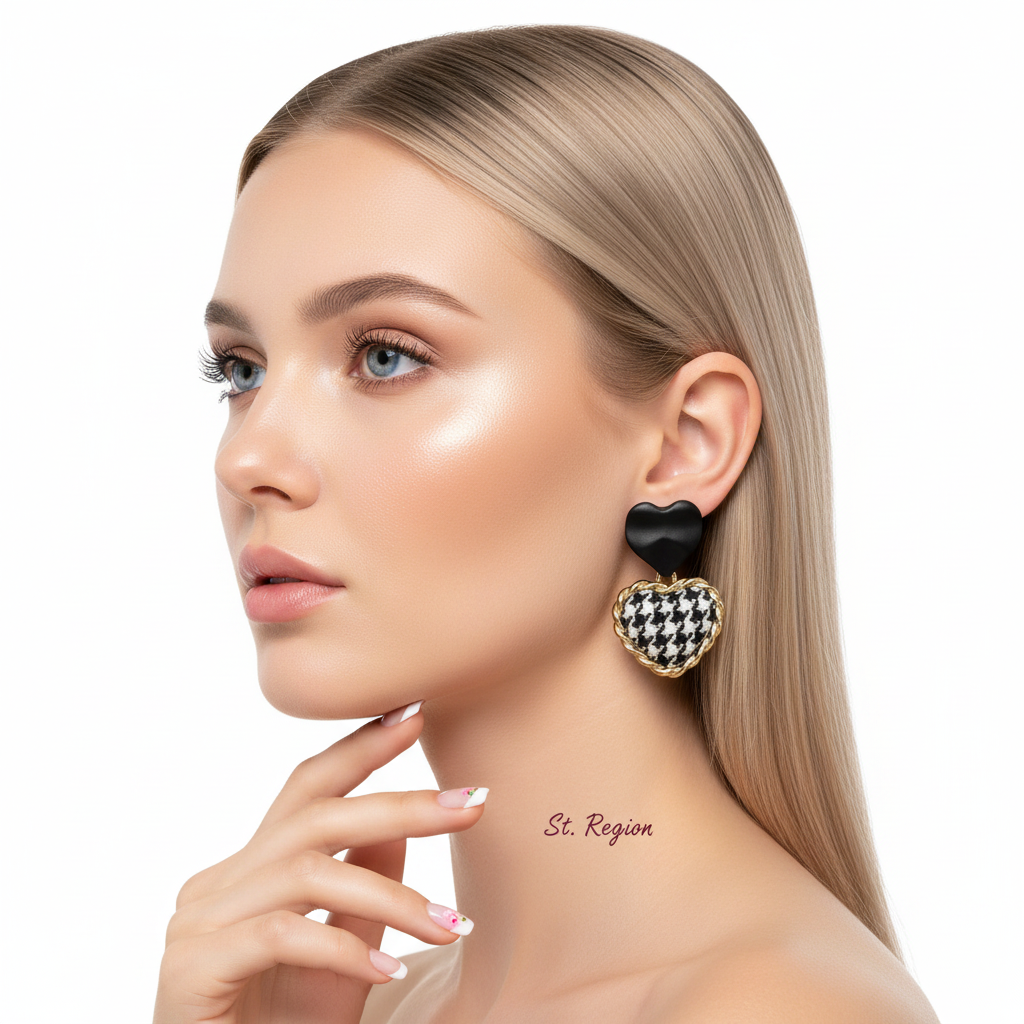 Black Enamel & Polyster Goldtone Checkboard Heart Drop Earrings