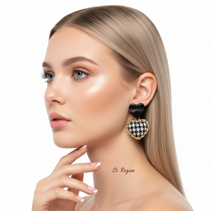 Black Enamel & Polyster Goldtone Checkboard Heart Drop Earrings