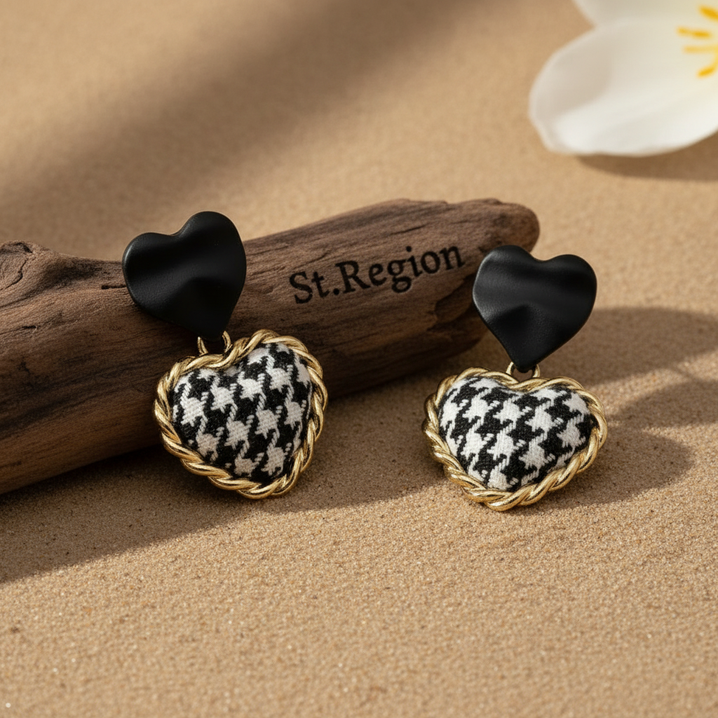 Black Enamel & Polyster Goldtone Checkboard Heart Drop Earrings
