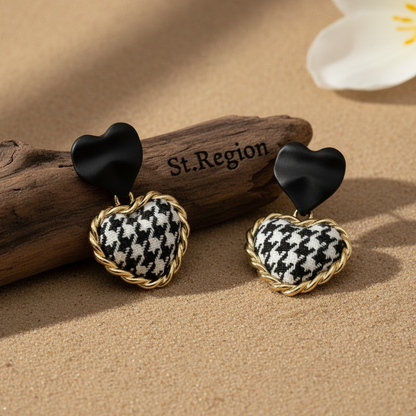 Black Enamel & Polyster Goldtone Checkboard Heart Drop Earrings