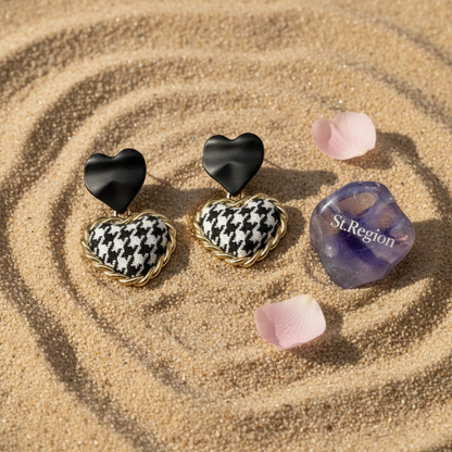 Black Enamel & Polyster Goldtone Checkboard Heart Drop Earrings