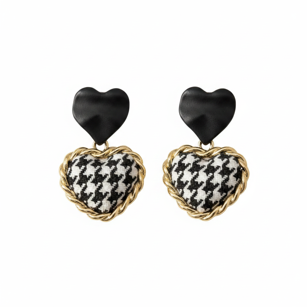 Black Enamel & Polyster Goldtone Checkboard Heart Drop Earrings