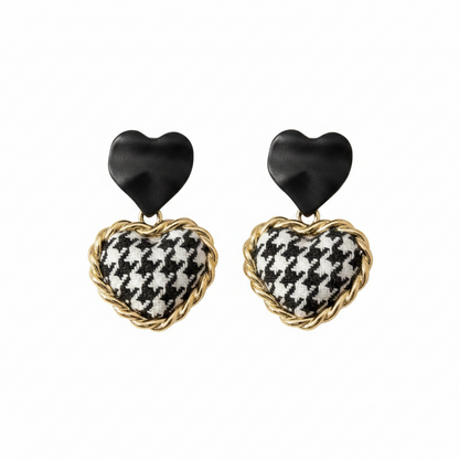 Black Enamel & Polyster Goldtone Checkboard Heart Drop Earrings