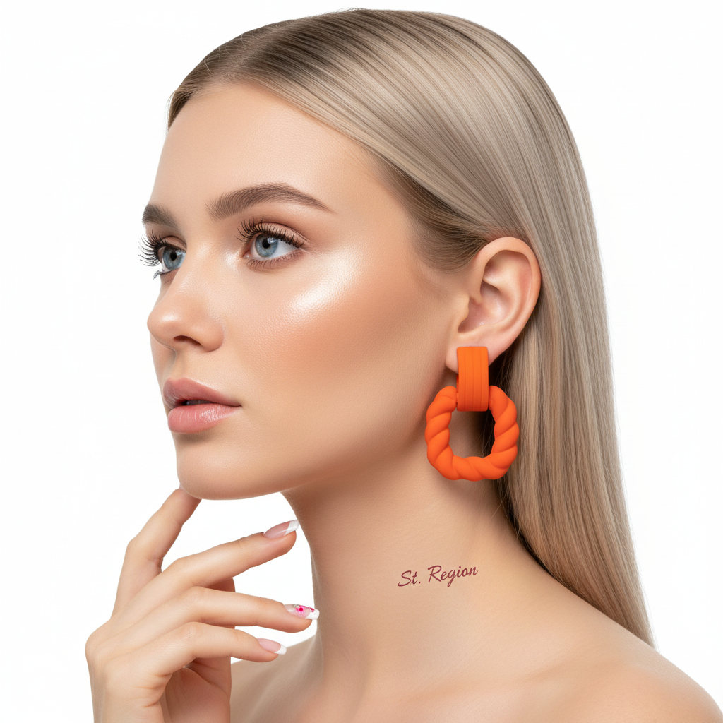 Orange Resin & Silvertone Twine Square Drop Earrings