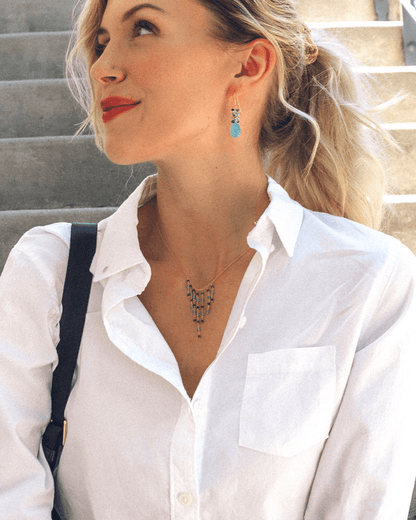 Blue Gemstone Fringe Necklace & Earring Set