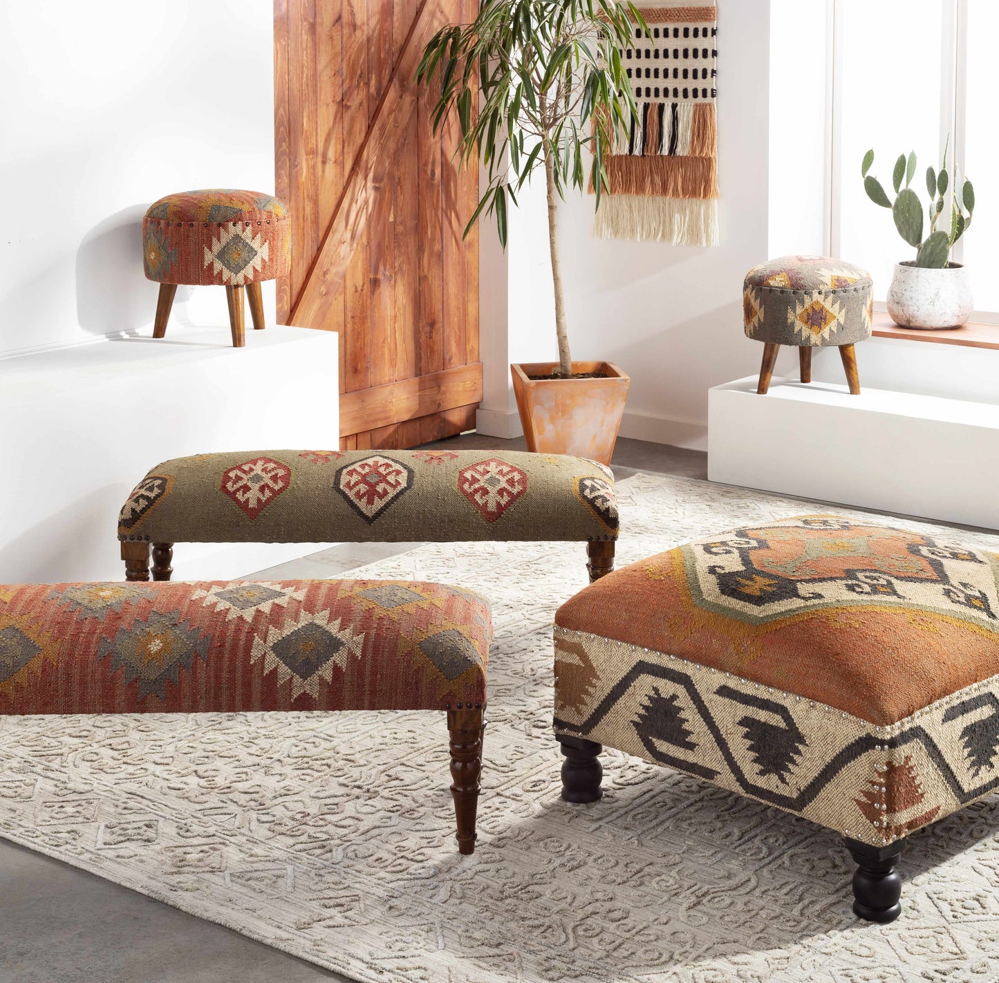 Brick Red Wood Frame Ottoman Stool - Clearance