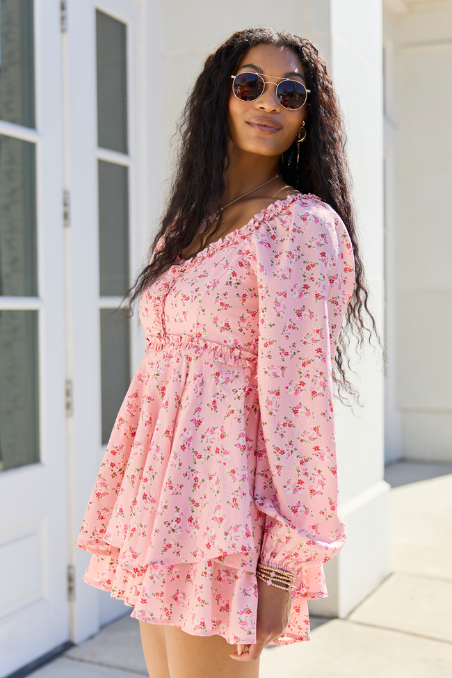 Farah Pink Floral Ruffle Trim Romper
