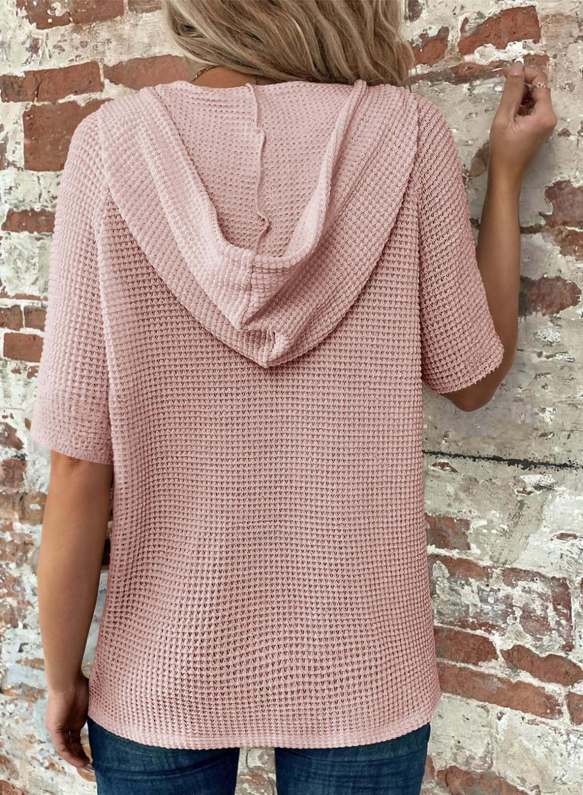 ✨Women's Waffle Knit Button V Neck Short Sleeve Lightweight Drawstring Hoodies(BUY 2 10% off)