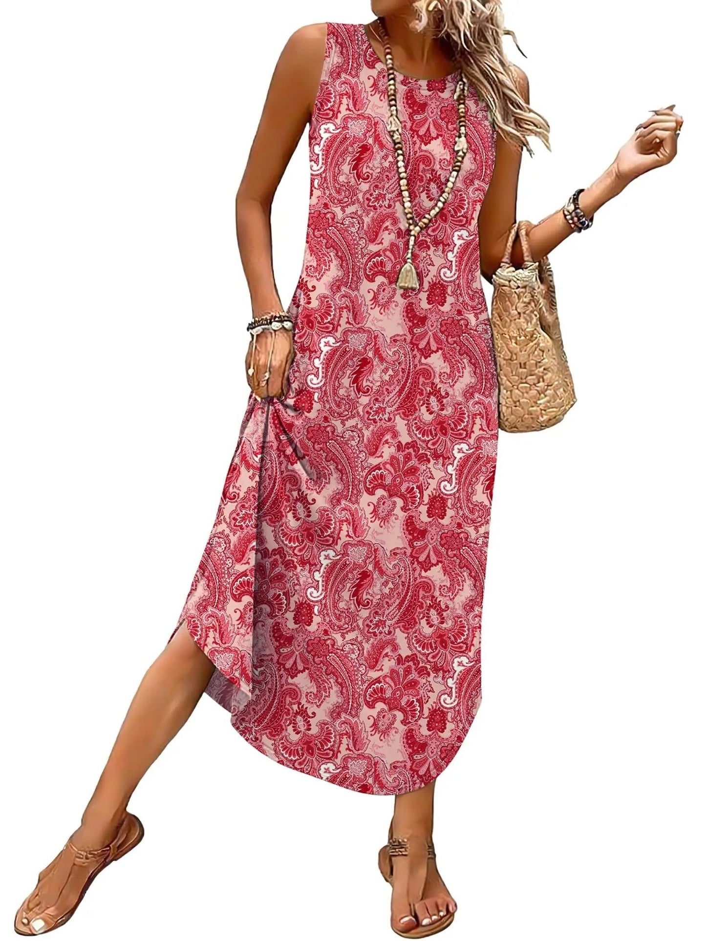 Women's Sleeveless Print Maxi Dress with Pockets