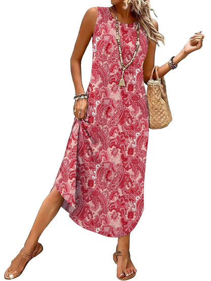 Women's Sleeveless Print Maxi Dress with Pockets