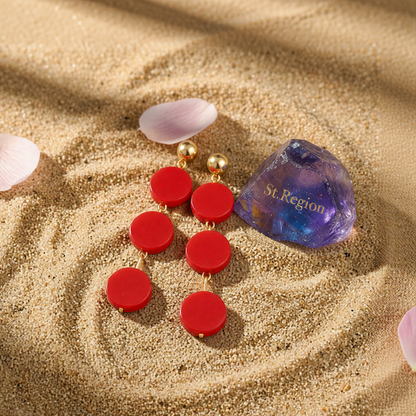 Red Wood & Goldtone Tiered Round Drop Earrings