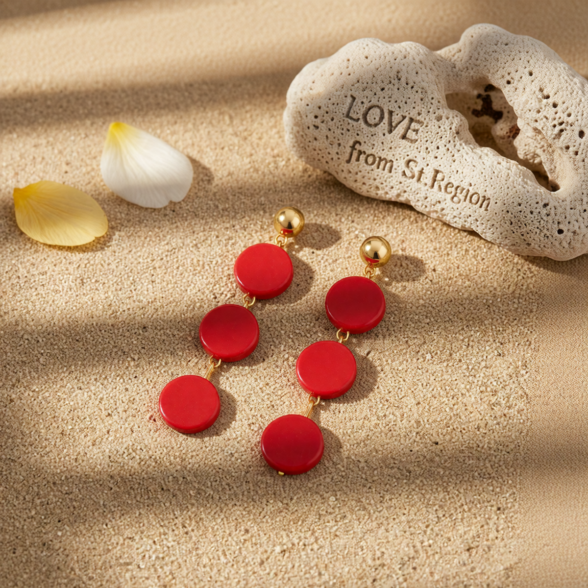 Red Wood & Goldtone Tiered Round Drop Earrings