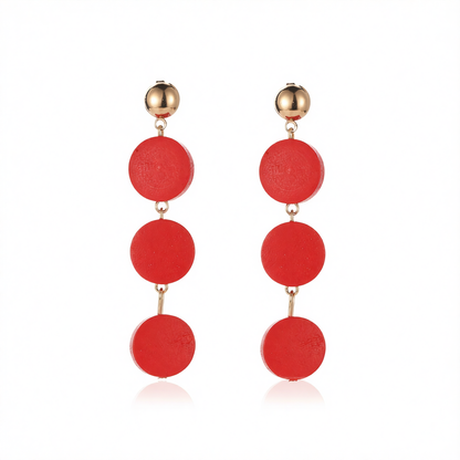 Red Wood & Goldtone Tiered Round Drop Earrings