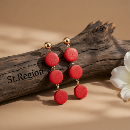 Red Wood & Goldtone Tiered Round Drop Earrings
