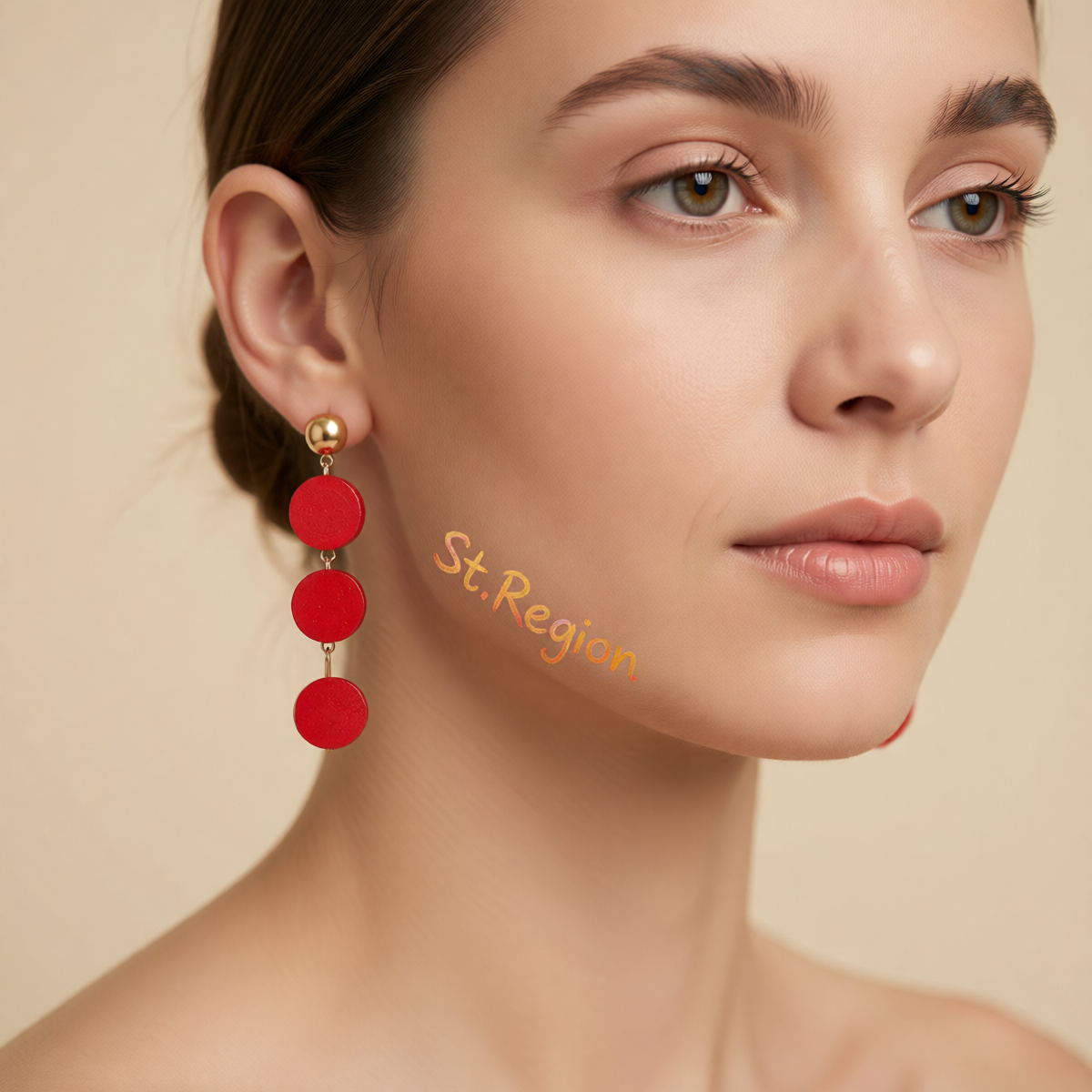 Red Wood & Goldtone Tiered Round Drop Earrings