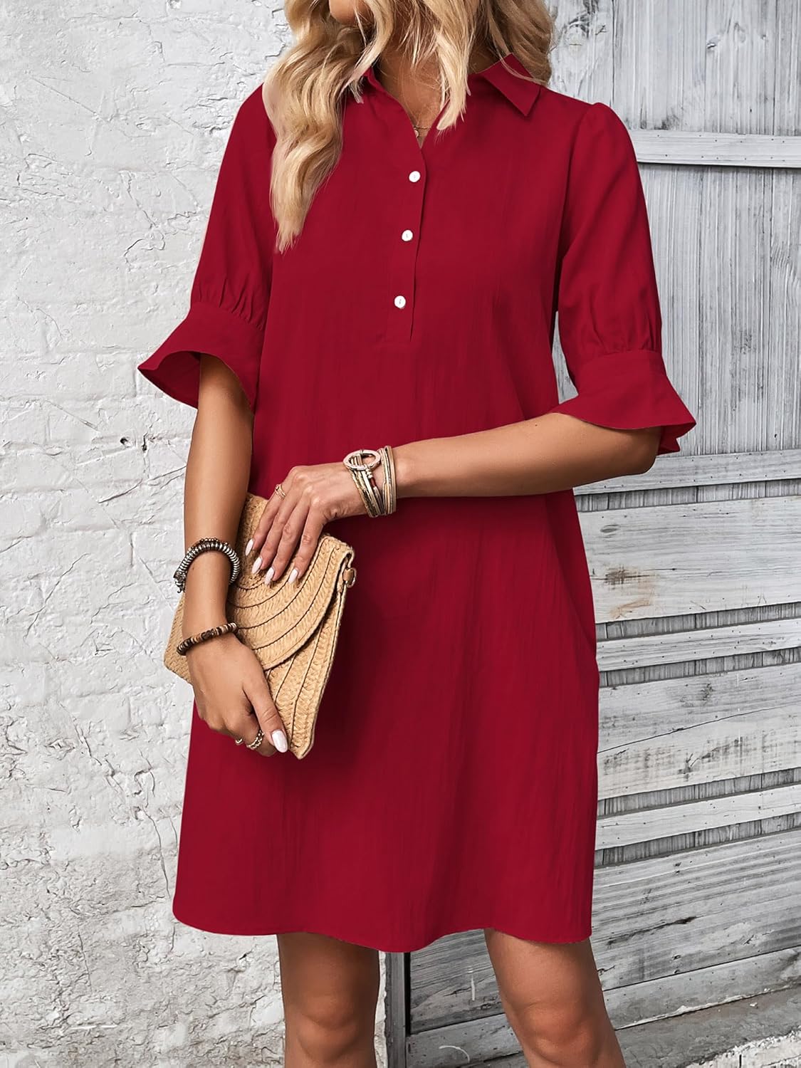 ✨Hot Sale-Womens Casual Shirt Dress Ruffle Sleeve Solid Color Button Down