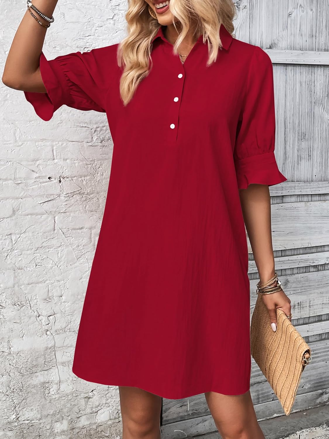 ✨Hot Sale-Womens Casual Shirt Dress Ruffle Sleeve Solid Color Button Down