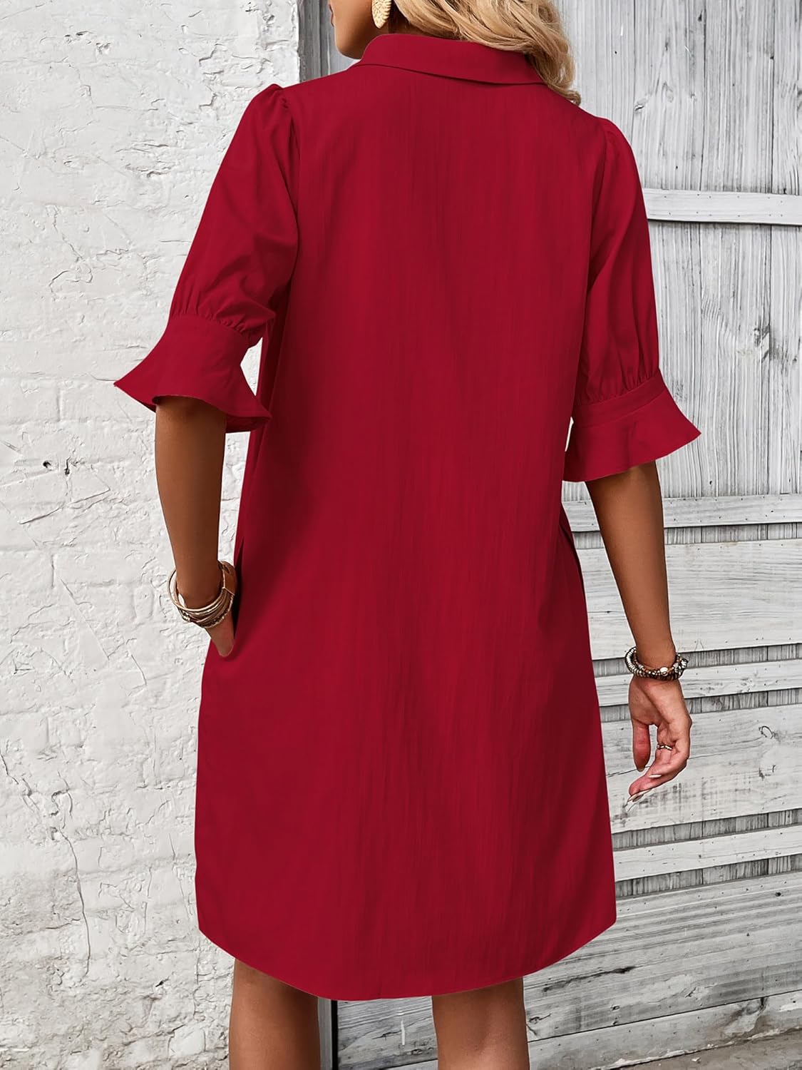 ✨Womens Casual Shirt Dress Ruffle Sleeve Solid Color Button Down