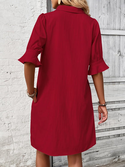 ✨Womens Casual Shirt Dress Ruffle Sleeve Solid Color Button Down