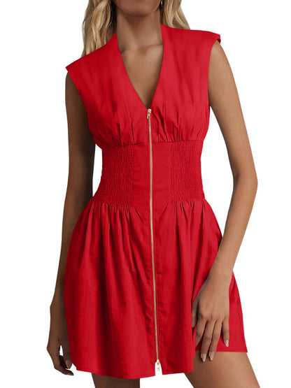 Women's Sleeveless V-Neck Zip Front Mini Dress with Smocked Waist & Pockets