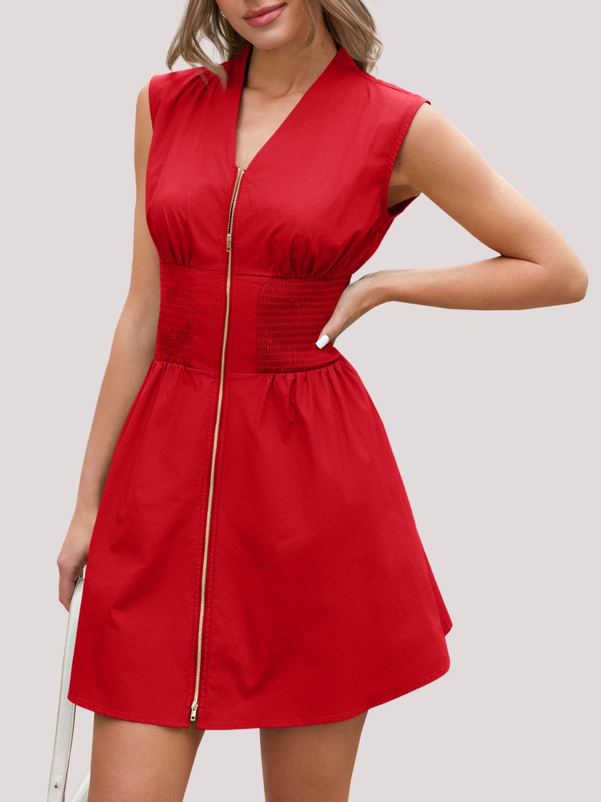 Women's Sleeveless V-Neck Zip Front Mini Dress with Smocked Waist & Pockets