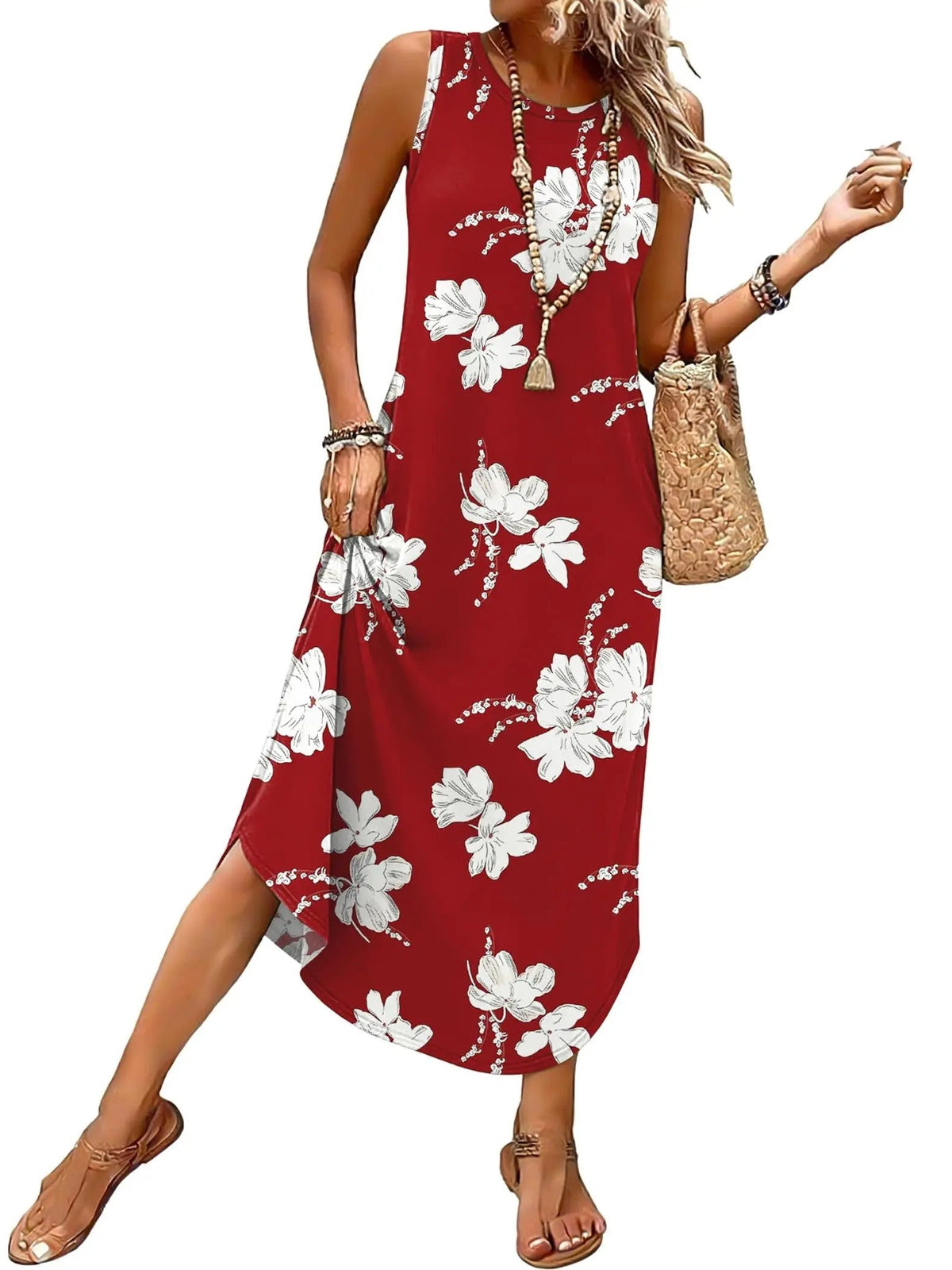 Women's Sleeveless Print Maxi Dress with Pockets