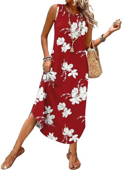 Women's Sleeveless Print Maxi Dress with Pockets
