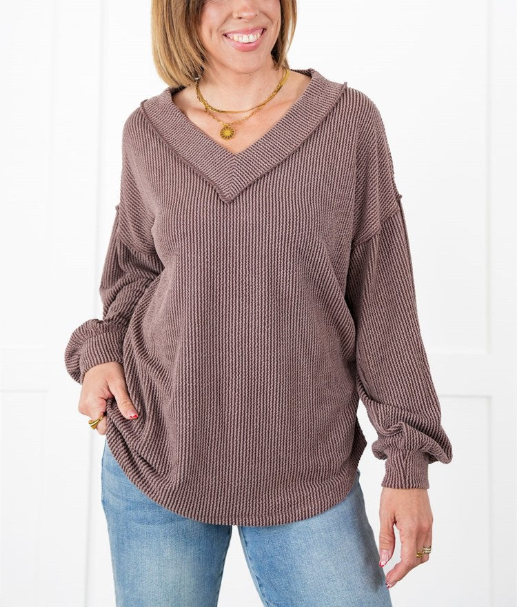 ⭐Women's Ribbed Long Sleeve V-Neck Pullover Top