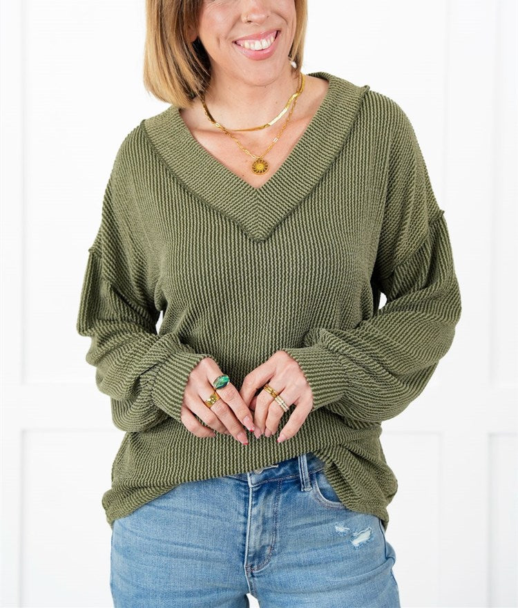 ⭐Women's Ribbed Long Sleeve V-Neck Pullover Top