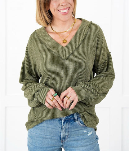 ⭐Women's Ribbed Long Sleeve V-Neck Pullover Top