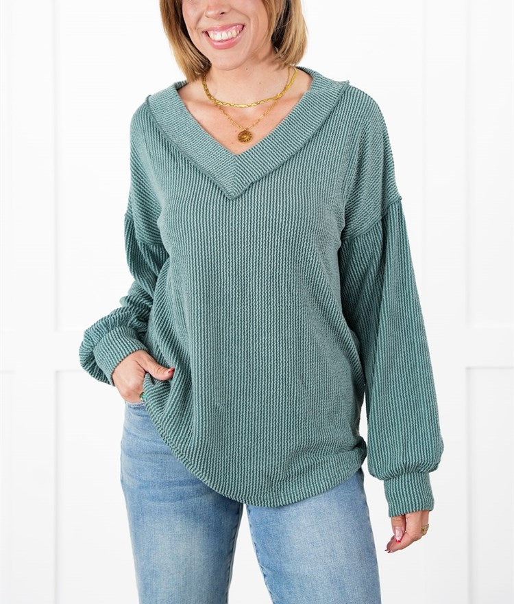 ⭐Women's Ribbed Long Sleeve V-Neck Pullover Top