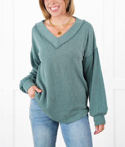 ⭐Women's Ribbed Long Sleeve V-Neck Pullover Top