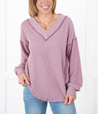 ⭐Women's Ribbed Long Sleeve V-Neck Pullover Top