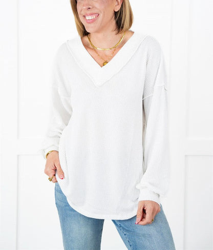 Women's Ribbed Long Sleeve V-Neck Pullover Top