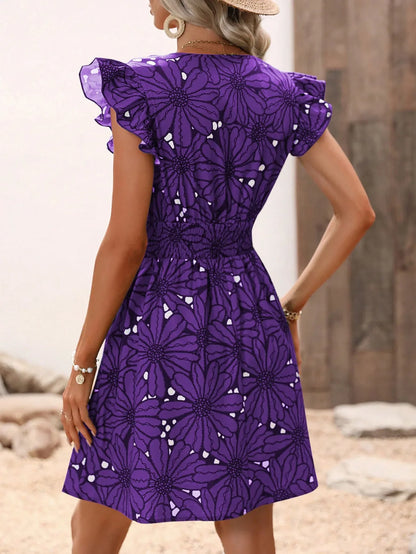 Fashion V-Neck Printed Dress Women's Petal Sleeve Mini Dresses Summer Party A-Line Dress Vestidos