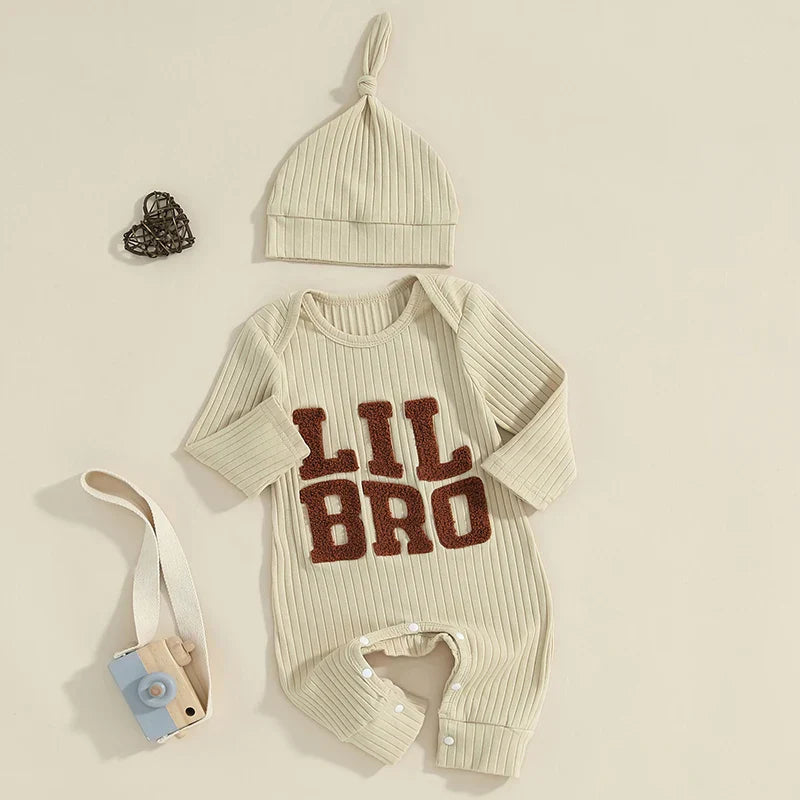 Baby Boy 2Pcs Lil Bro Jumpsuit and Hat Set Long Sleeve Round Neck Letter Print Ribbed Romper with Beanie Outfit
