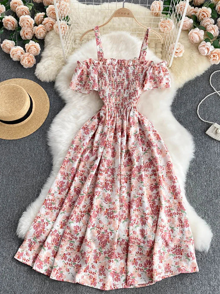 Summer 2026 Midi Dress Women Casual Off Shoulder Short Sleeve Vacation Beach Robe Female Clothing