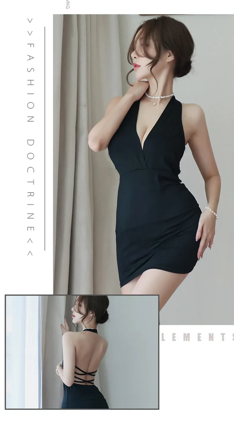 Dress Deep V-Neck Slim Hot Backless Mini Dress Female Bandage Halter Patchwork Mini Vestidos