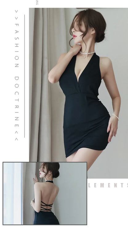 Dress Deep V-Neck Slim Hot Backless Mini Dress Female Bandage Halter Patchwork Mini Vestidos