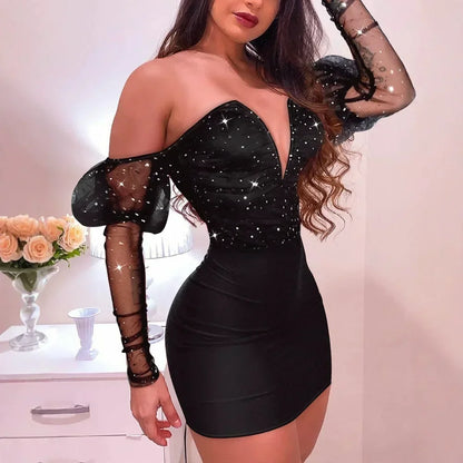 Women Strapless Mesh Splicing Long Sleeve Mini Dress Bodycon Fashion