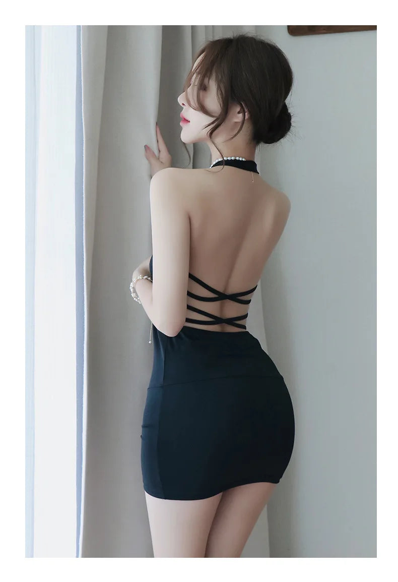 Dress Deep V-Neck Slim Hot Backless Mini Dress Female Bandage Halter Patchwork Mini Vestidos