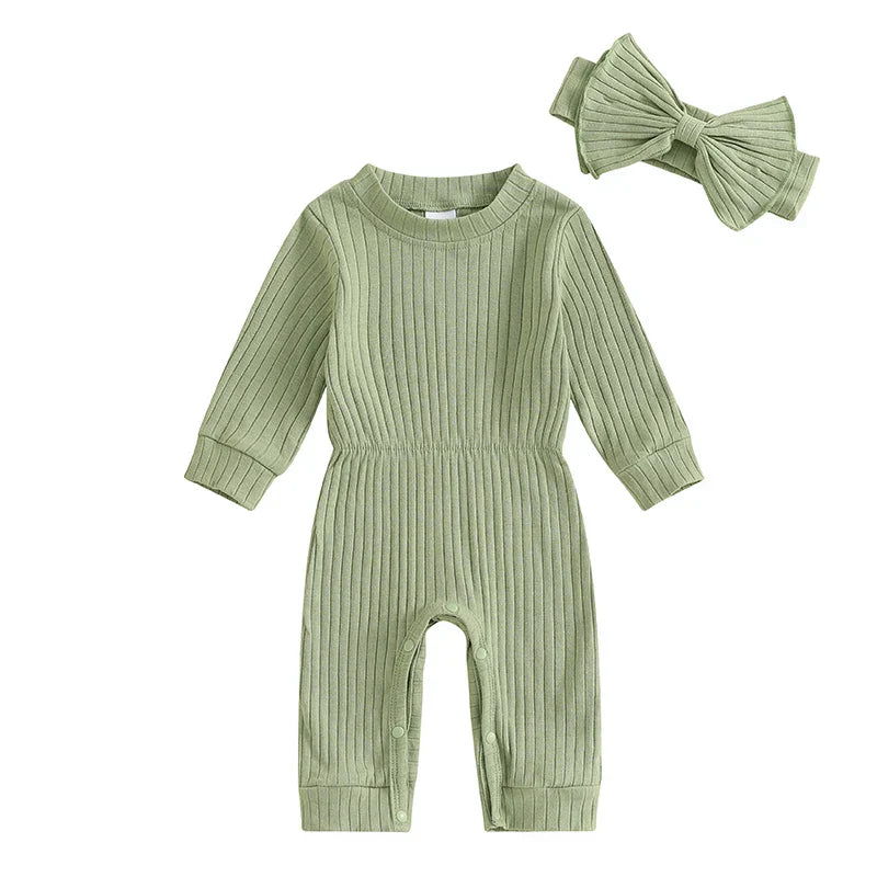 Baby Girls 2Pcs Fall Outfit Long Sleeve Round Neck Ribbed Full Leg Jumpsuit with Headband Set