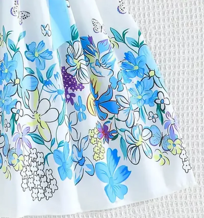 A Fresh And Cute Sleeveless Blue Floral Pattern Dress For Summer