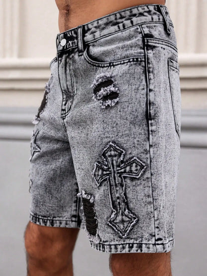 Men's Summer Denim Shorts. Straight-leg fit. Ripped design. Dark gray denim embroidered shorts