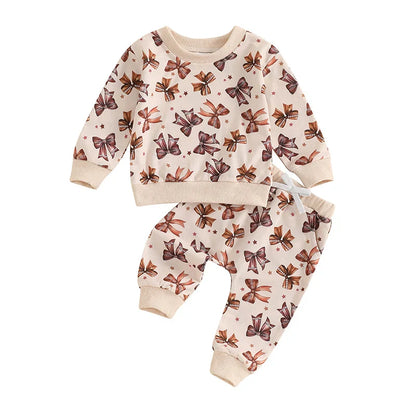 Baby Toddler Girls 2Pcs Fall Jogger Set Long Sleeve O Neck Bow Print Top Drawstring Pants Outfit