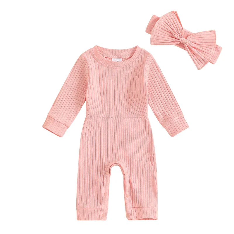 Baby Girls 2Pcs Fall Outfit Long Sleeve Round Neck Ribbed Full Leg Jumpsuit with Headband Set