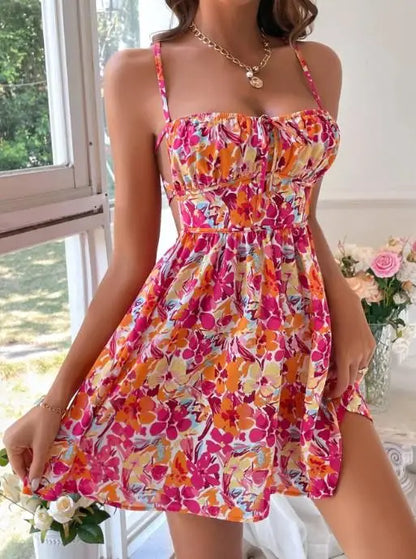 Womens Dresses 2026 Spring Summer New Fashion Floral Print Square Collar Backless Beach Vacation Lace Up Casual Mini Dress