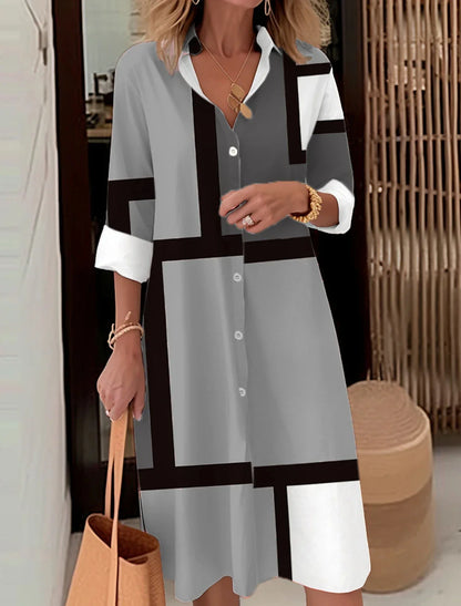 Autumn Elegant Long Sleeve Plaid Shirt Dress Flip Lapel Single Breasted Patchwork Dress Women's Comfortable Commuter Casual Robe