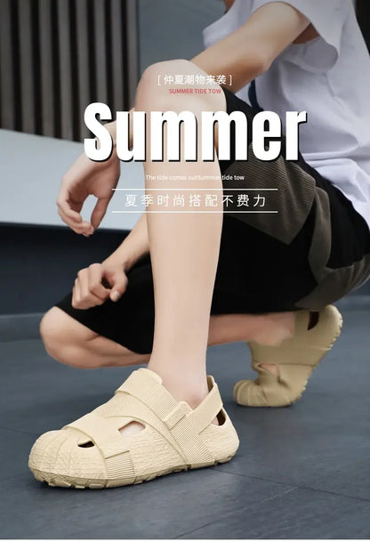 Summer Men's Outdoor Hollow Sandals Flat Bottom Non Slip Women's Garden Beach Breathable Soft Bottom Sneakers Large Sandals