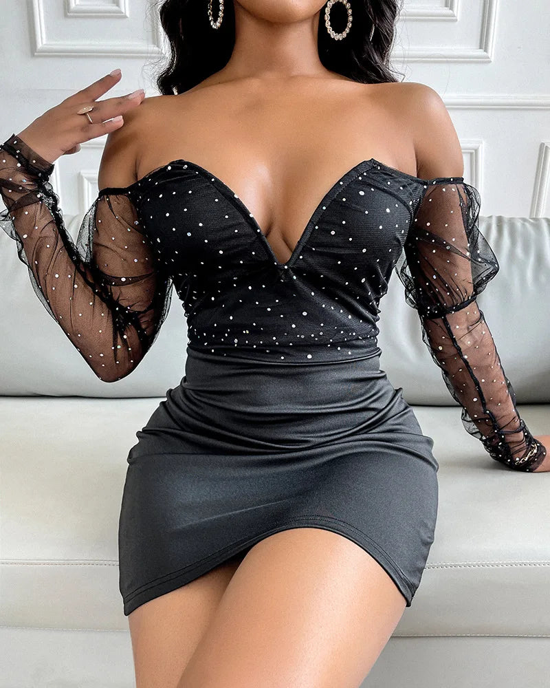 Women Strapless Mesh Splicing Long Sleeve Mini Dress Bodycon Fashion